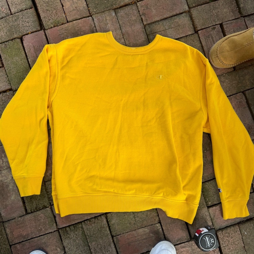 Champion Mens Crewneck Sweatshirt Yellow Authentic Athleticwear 2XL Fleece Logo